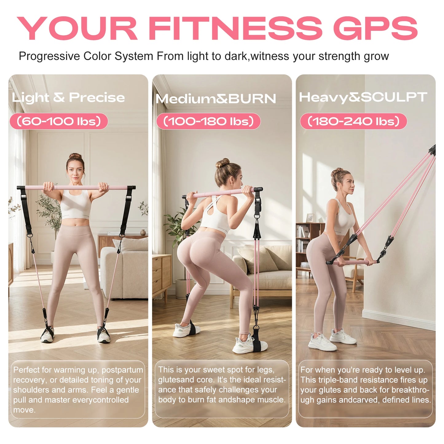 Adjustable Pilates Bar Kit With Resistance Bands For Home Gym