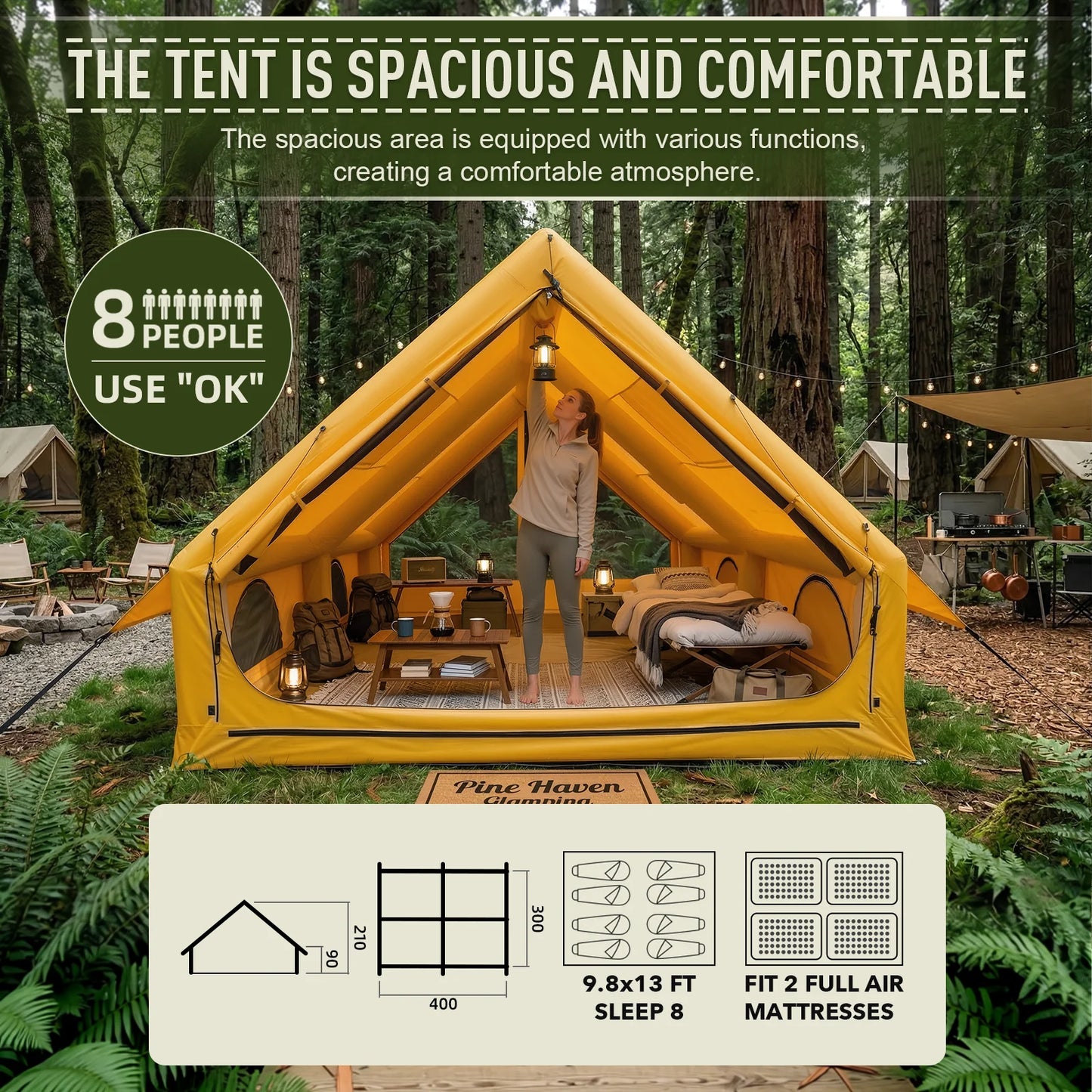 129 Square Feet Inflatable Tent for Camping 6-8 Person,Waterproof Oxford Inflatable Tent House with Hand Pump for All Season