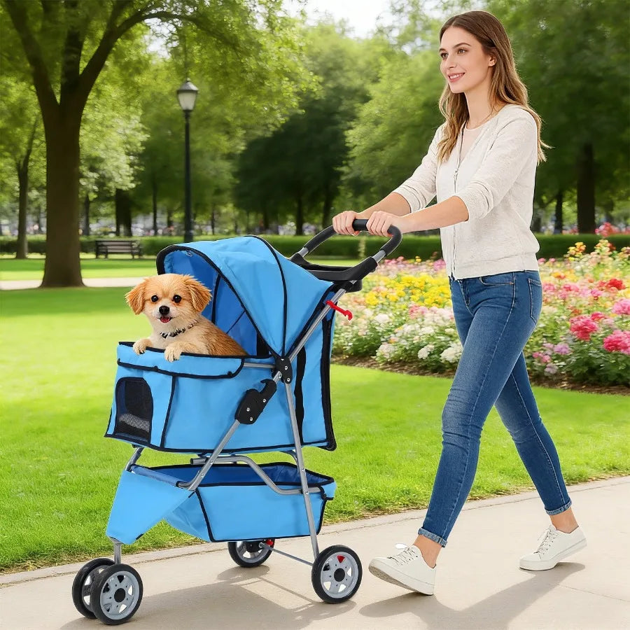 Foldable 3-Wheel Dog Stroller With Cup Holder And Storage