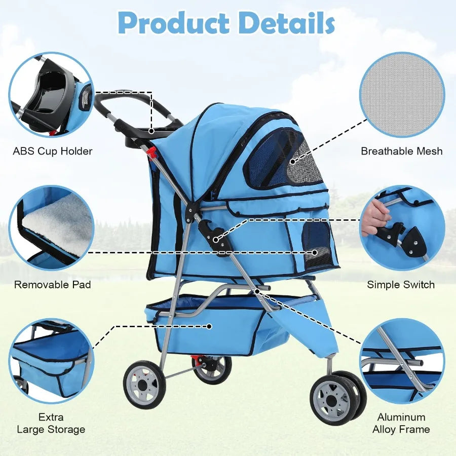 Foldable 3-Wheel Dog Stroller With Cup Holder And Storage