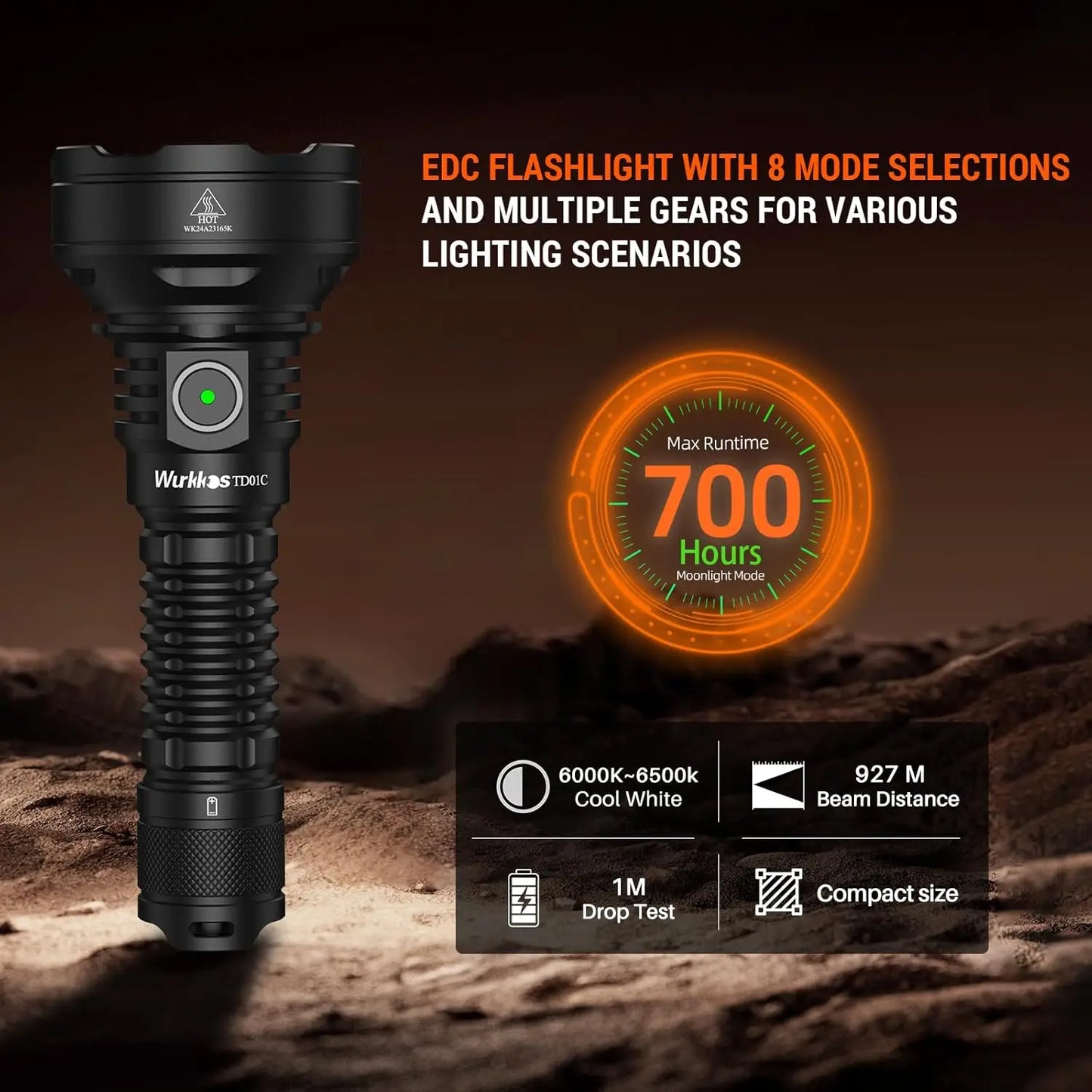 Wurkkos TD01C Tactical Flashlight, USB Rechargeable, 1800 Lumens, Ultra-Long-Range, Ideal for Outdoor Fishing, Tail Switch