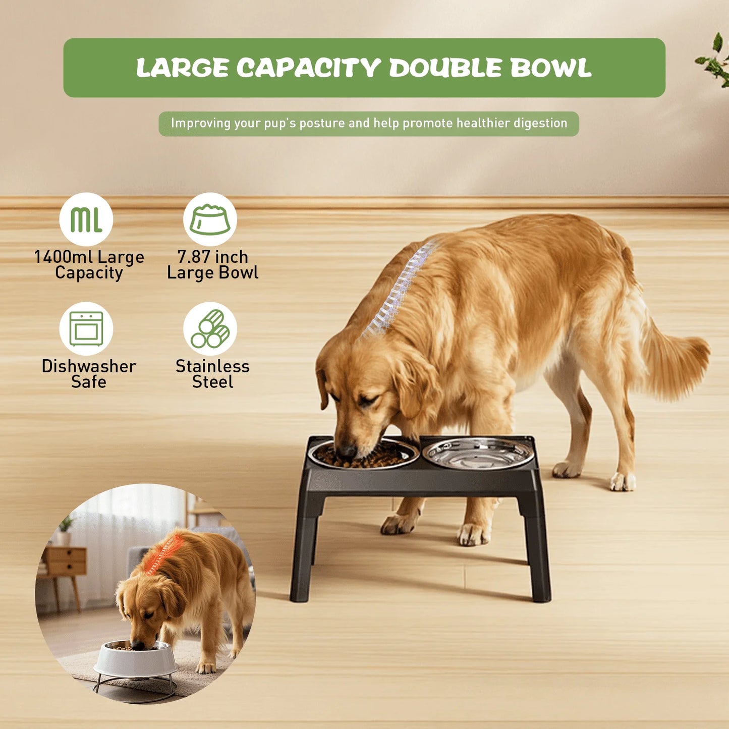 Elevated Adjustable Dog Feeding Station with Stainless Steel Bowls