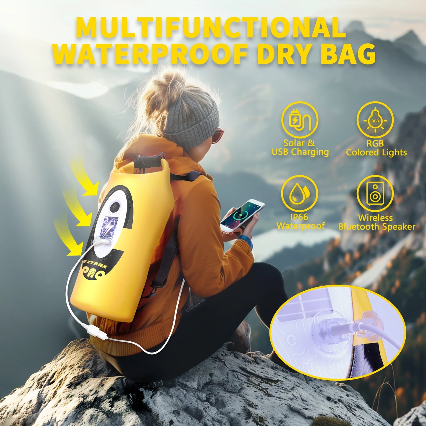 ZTARX Waterproof Hiking Camping Backpack Solar/Battery Powered Outdoor Climbing Sport Bag with Bluetooth Speaker ,55L