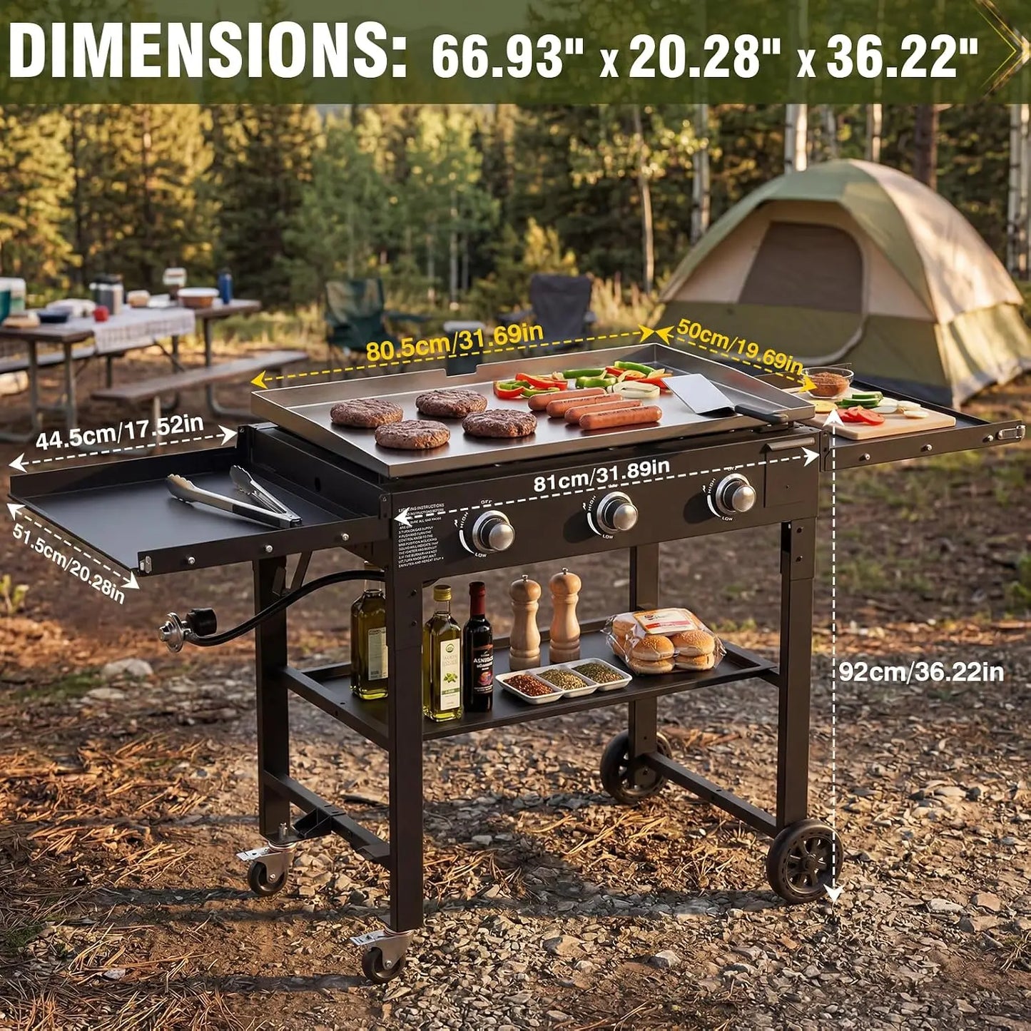 3 Burner Propane Griddle Grill Foldable Side Tables 45000 BTU
