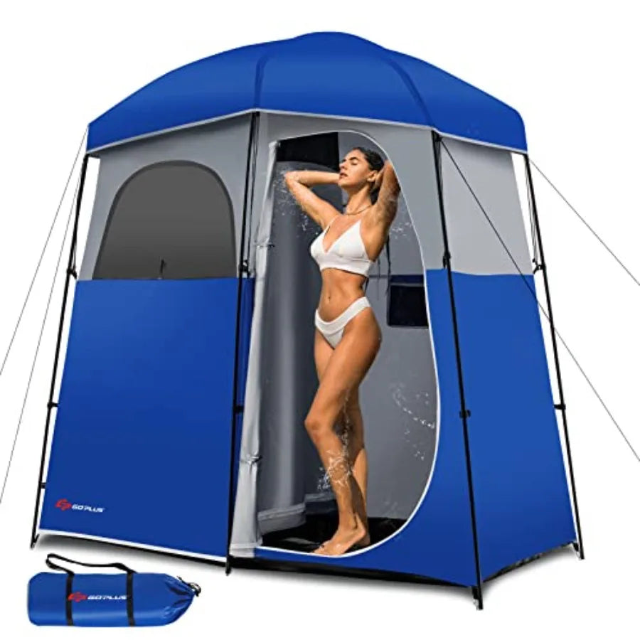 2 Room Shower Tent Portable Camping Changing with Floor Drain Detachable Rain Fly Stakes and Ropes UV Protection Water Resistan
