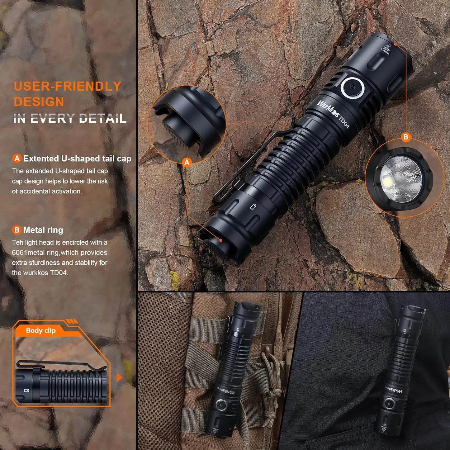 Wurkkos TD04 21700 USB C Rechargeable Dual Mode Tactical Flashlight