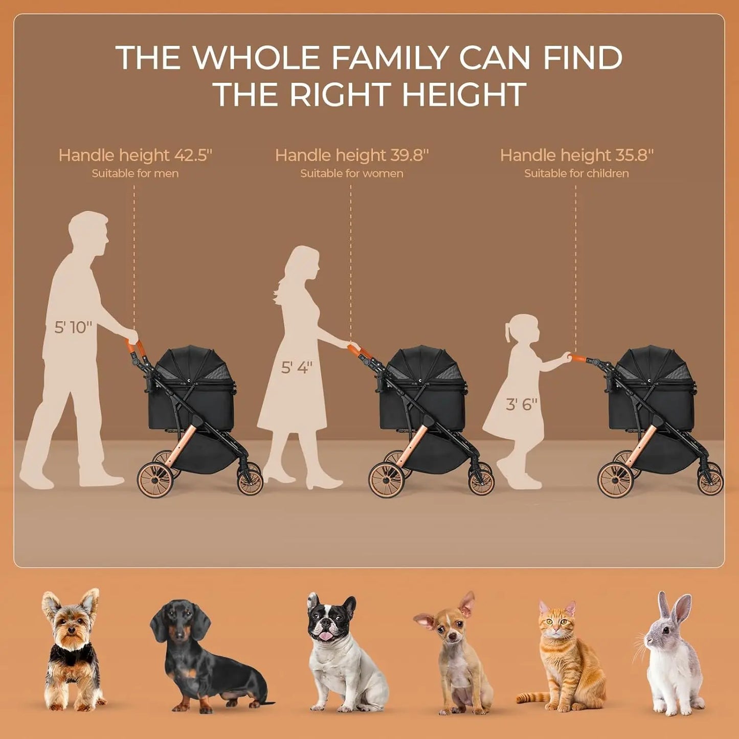 Foldable All Terrain Pet Stroller With Adjustable Handle Sun Shade
