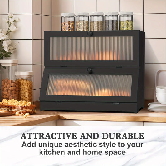 Bamboo Bread Box With Window Lid Double Layer Kitchen Storage