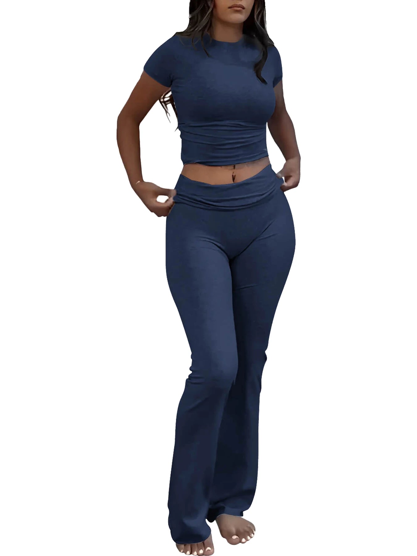 Women's Two-Piece Yoga Set Short Sleeve Top and Flared Pants