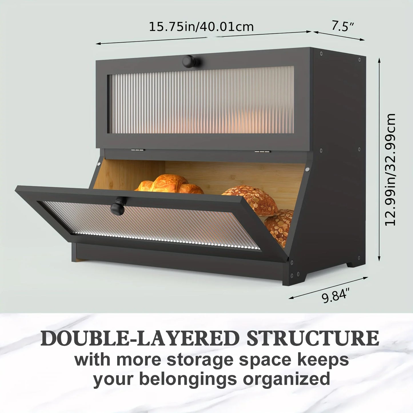 Bamboo Bread Box With Window Lid Double Layer Kitchen Storage