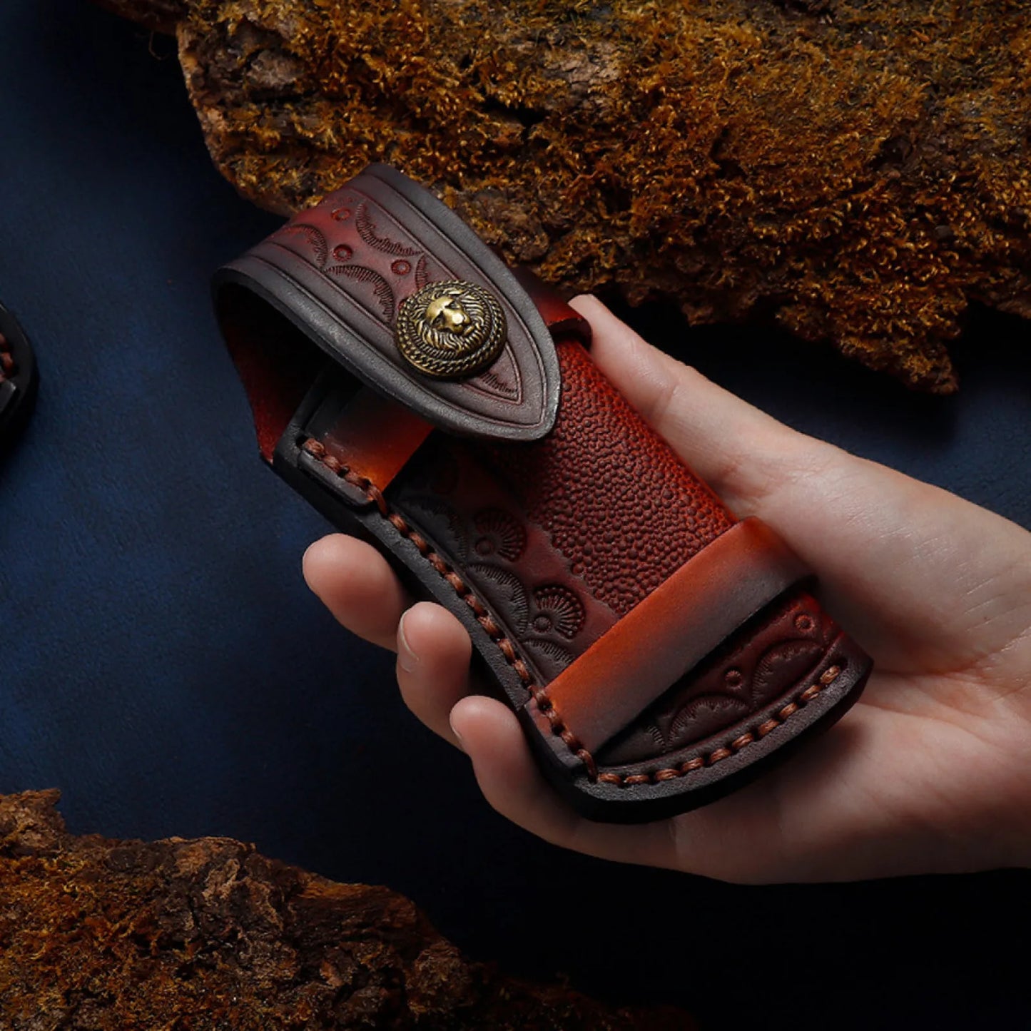 High Quality Carved Leather 4" Knife Pouch Head Layer Cowhide Folding Knife Holster Storage Pocket Outdoor Knife Case