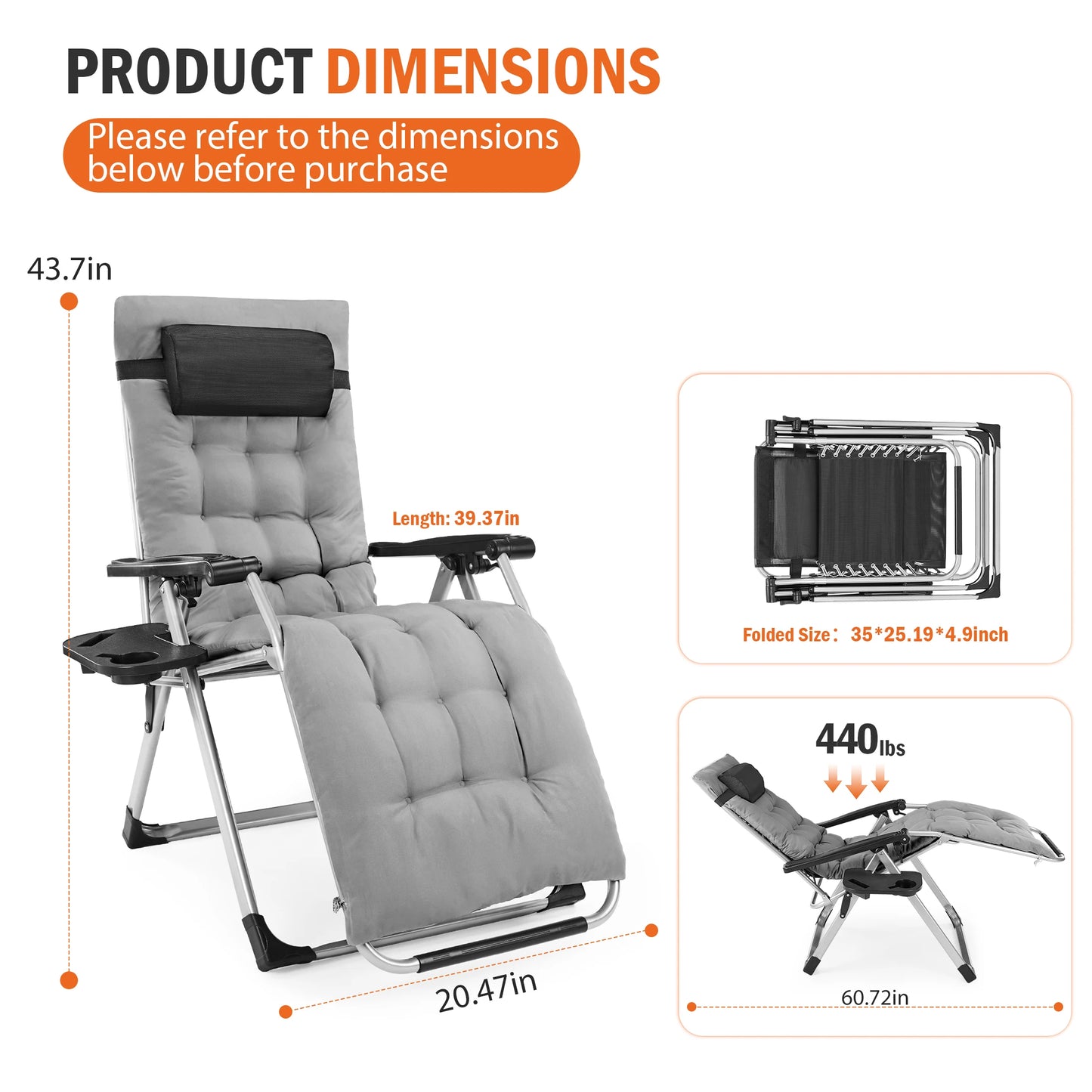 JHK Zero Gravity Reclining Camping Lounge Chair With Cup Tray