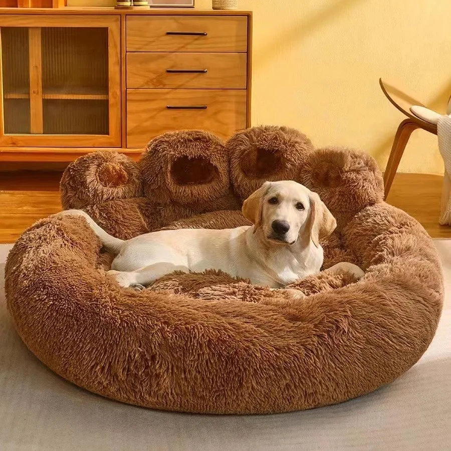 Paw Shaped Donut Dog Bed Plush Calming Cushion For Pets
