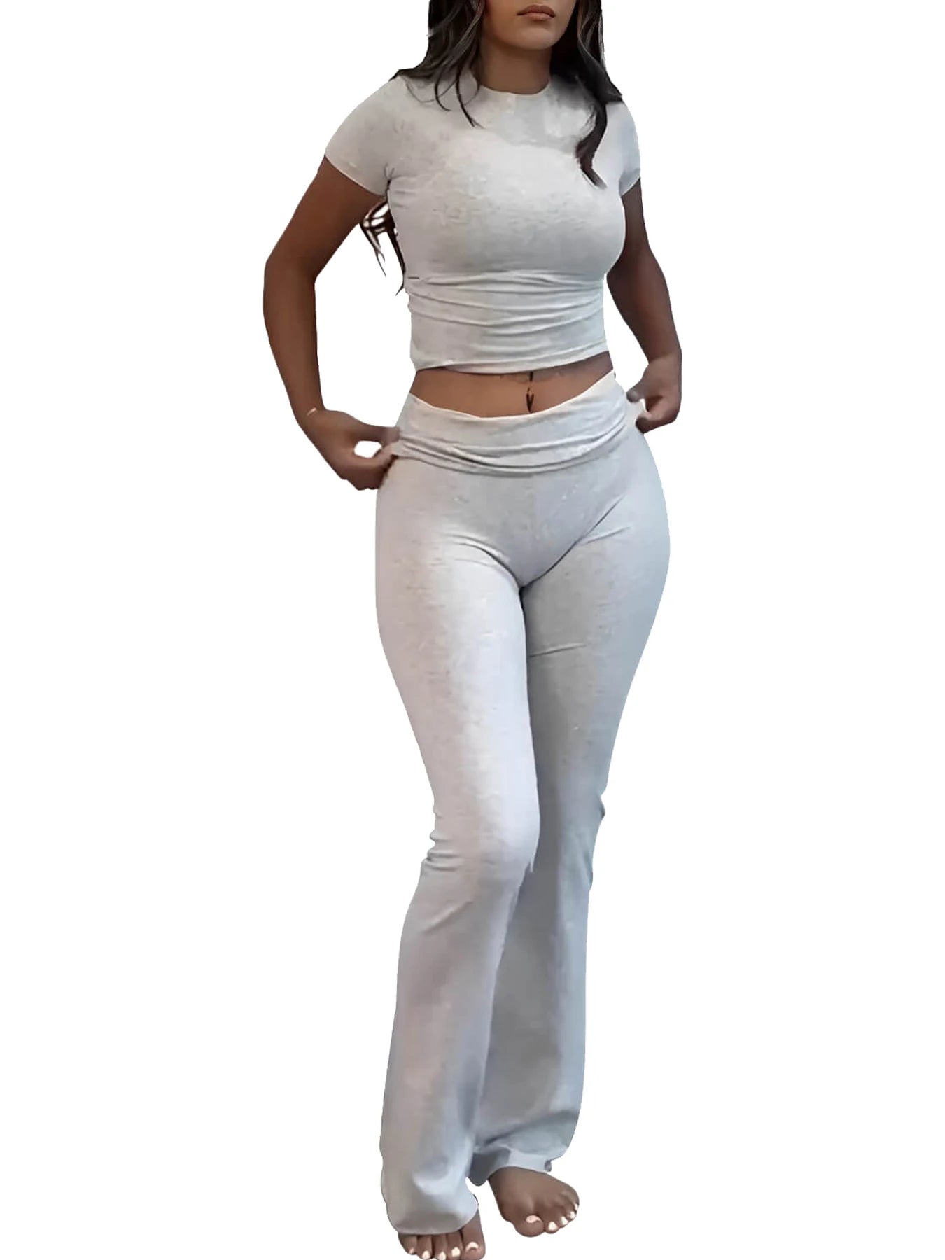 Women's Two-Piece Yoga Set Short Sleeve Top and Flared Pants