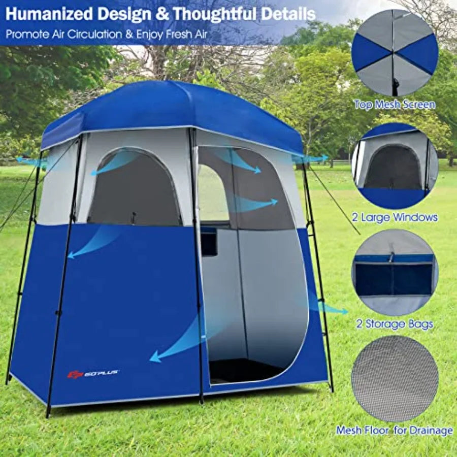 2 Room Shower Tent Portable Camping Changing with Floor Drain Detachable Rain Fly Stakes and Ropes UV Protection Water Resistan