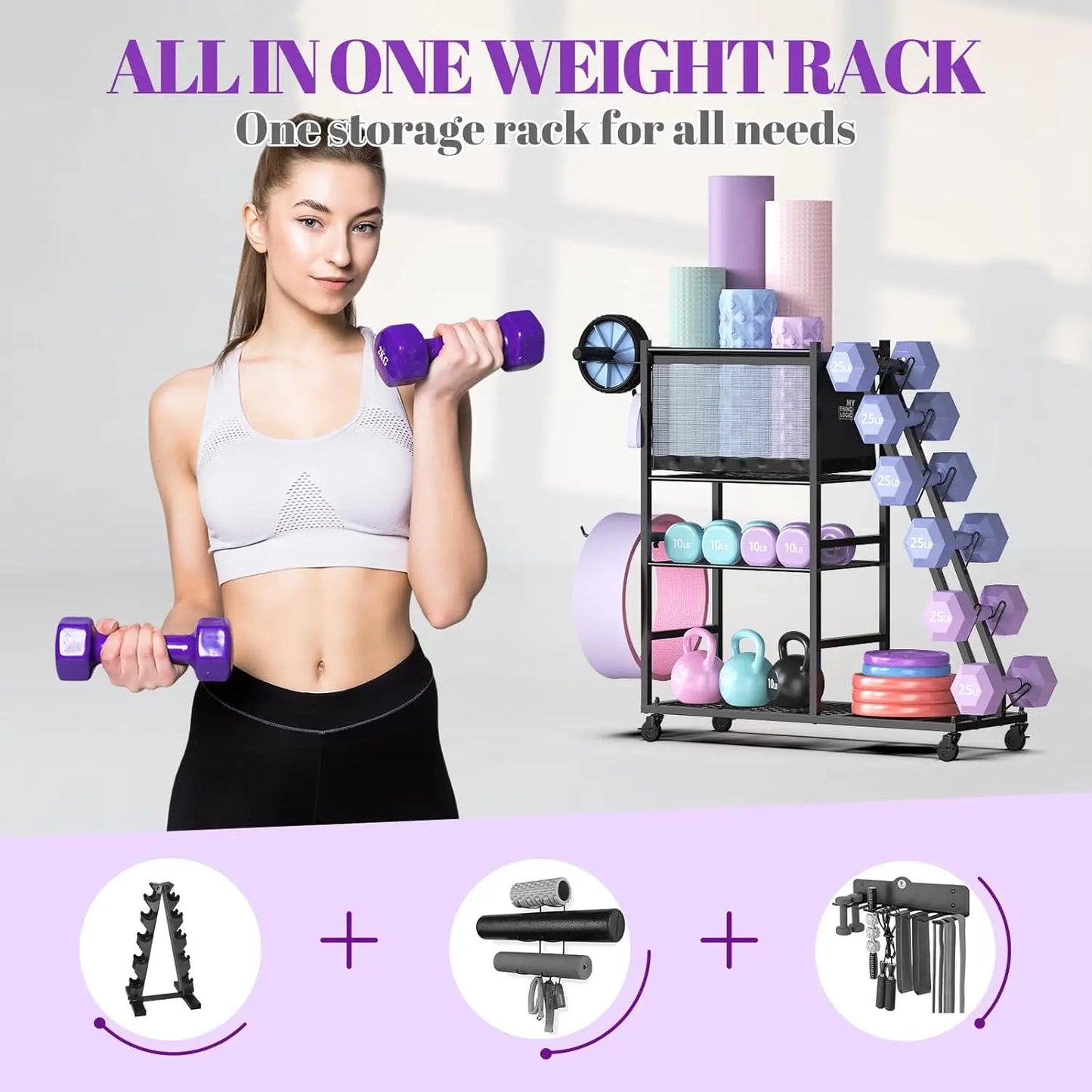 Home Gym Storage Rack With Casters For Dumbbells Kettlebells Mats