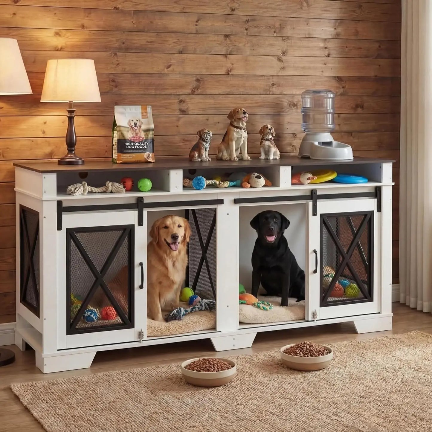71" Double Dog Crate Furniture with Sliding Doors,Wood & Metal Dog Cage with Divider,Large Dog Kennel,Indoor Crate TV Stand