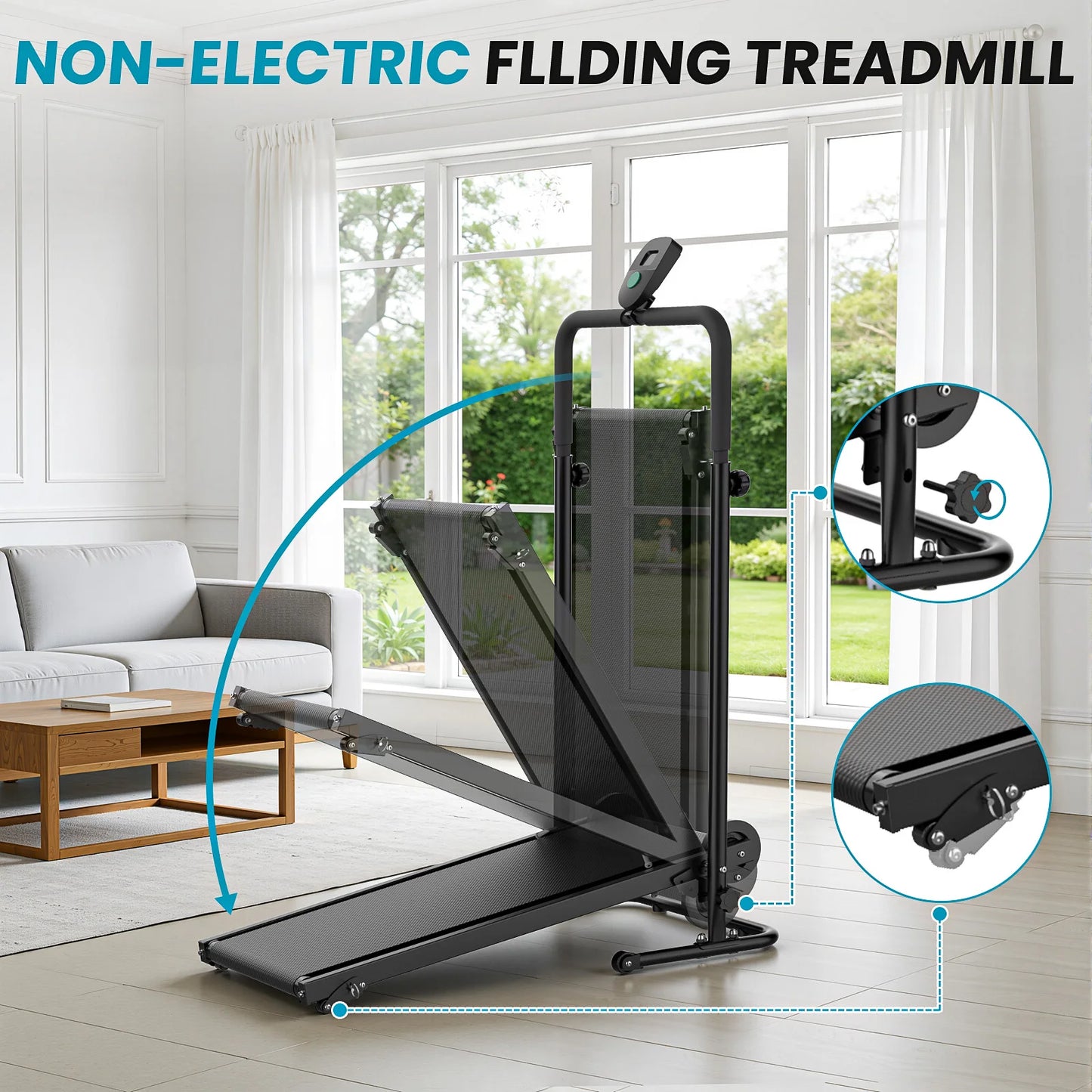 AKLUER Non Motorized Foldable Treadmill With Dual Flywheels