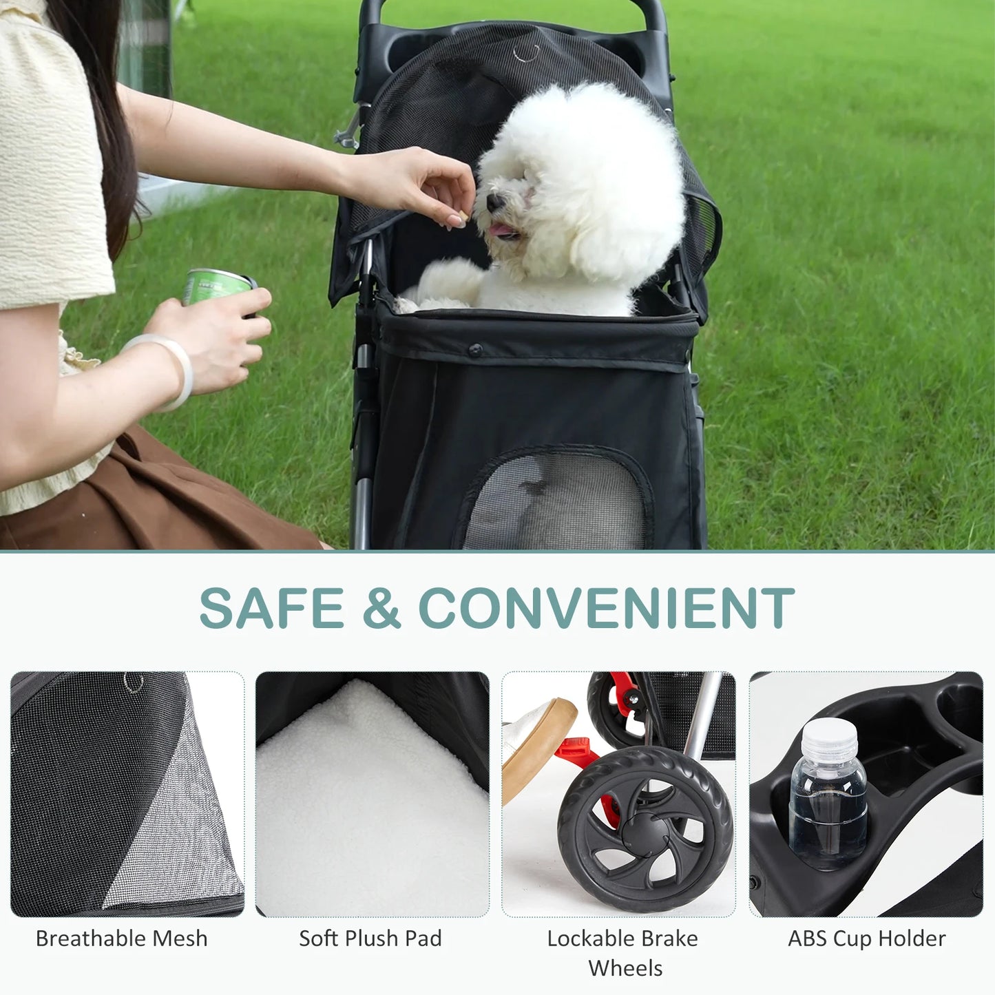 JHK Foldable 3-Wheel Pet Stroller For Small Dogs And Cats With Mesh Windows