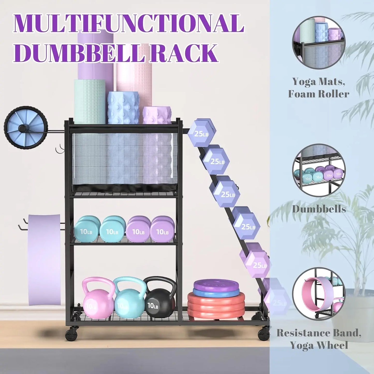 Home Gym Storage Rack With Casters For Dumbbells Kettlebells Mats