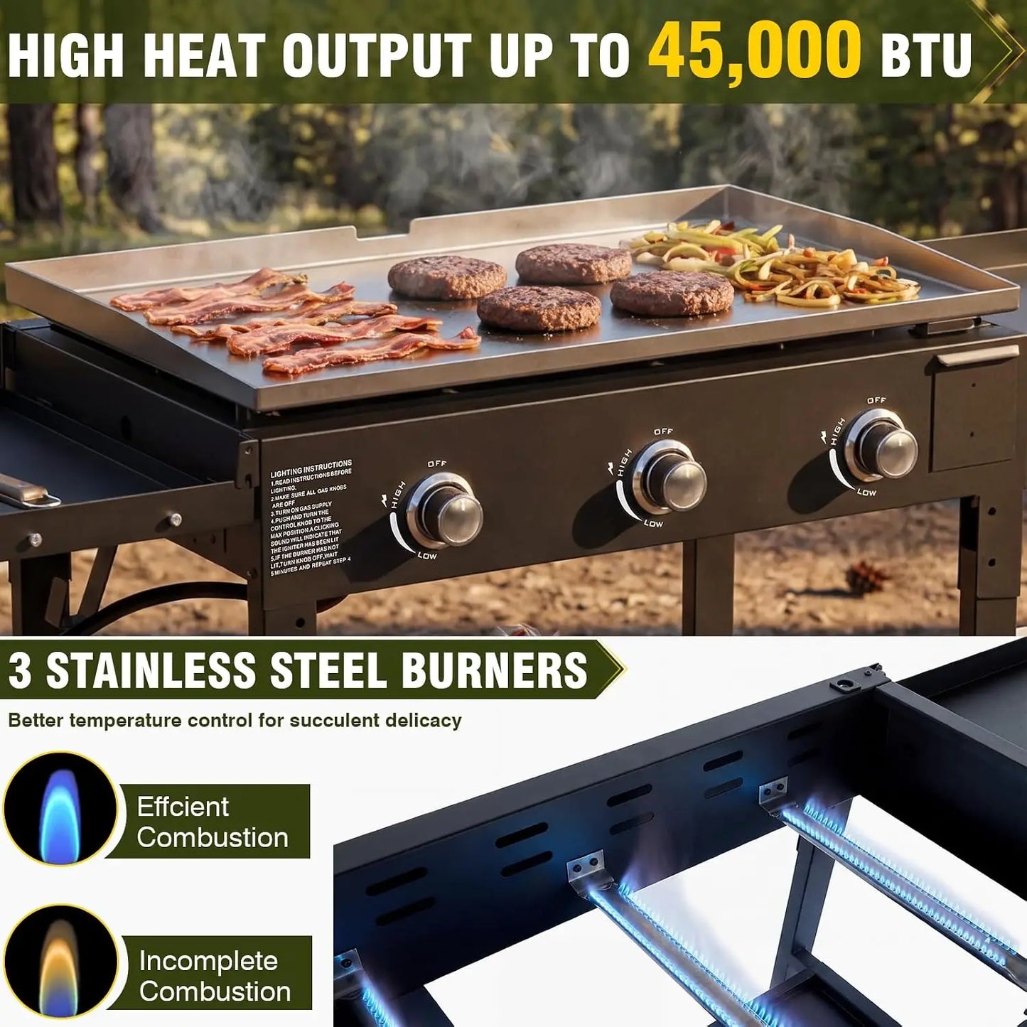 3 Burner Propane Griddle Grill Foldable Side Tables 45000 BTU