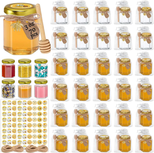 70 Pack 3 oz Hexagon Glass Honey Jars with Dippers, Lids, Stickers, Charms, Bags for Party Favors