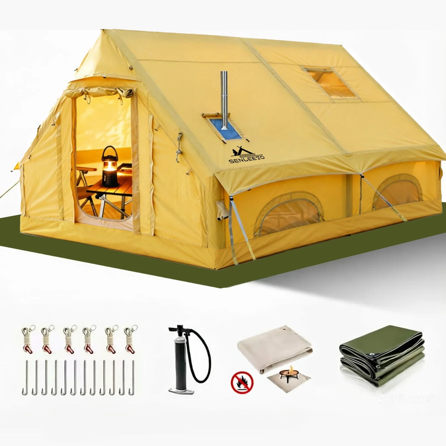 129 Square Feet Inflatable Tent for Camping 6-8 Person,Waterproof Oxford Inflatable Tent House with Hand Pump for All Season