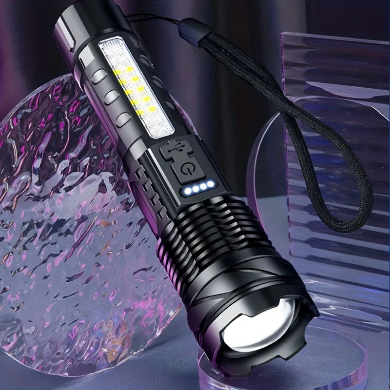 Super Powerful Rechargeable Torch Lithium Battery with USB Multi-Functional with Side Light for Camping Fishing Hunting Climbing