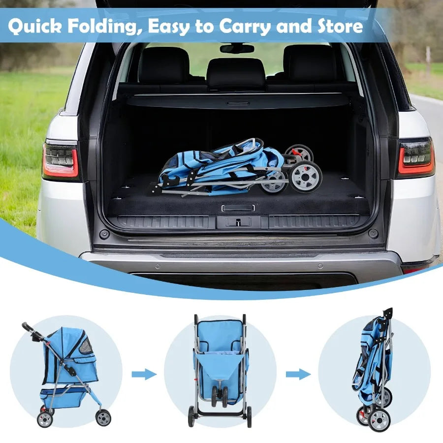 Foldable 3-Wheel Dog Stroller With Cup Holder And Storage