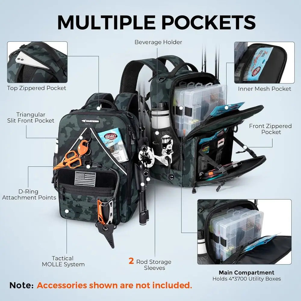 Water-Resistant Fishing Tackle Backpack With Rod Holders