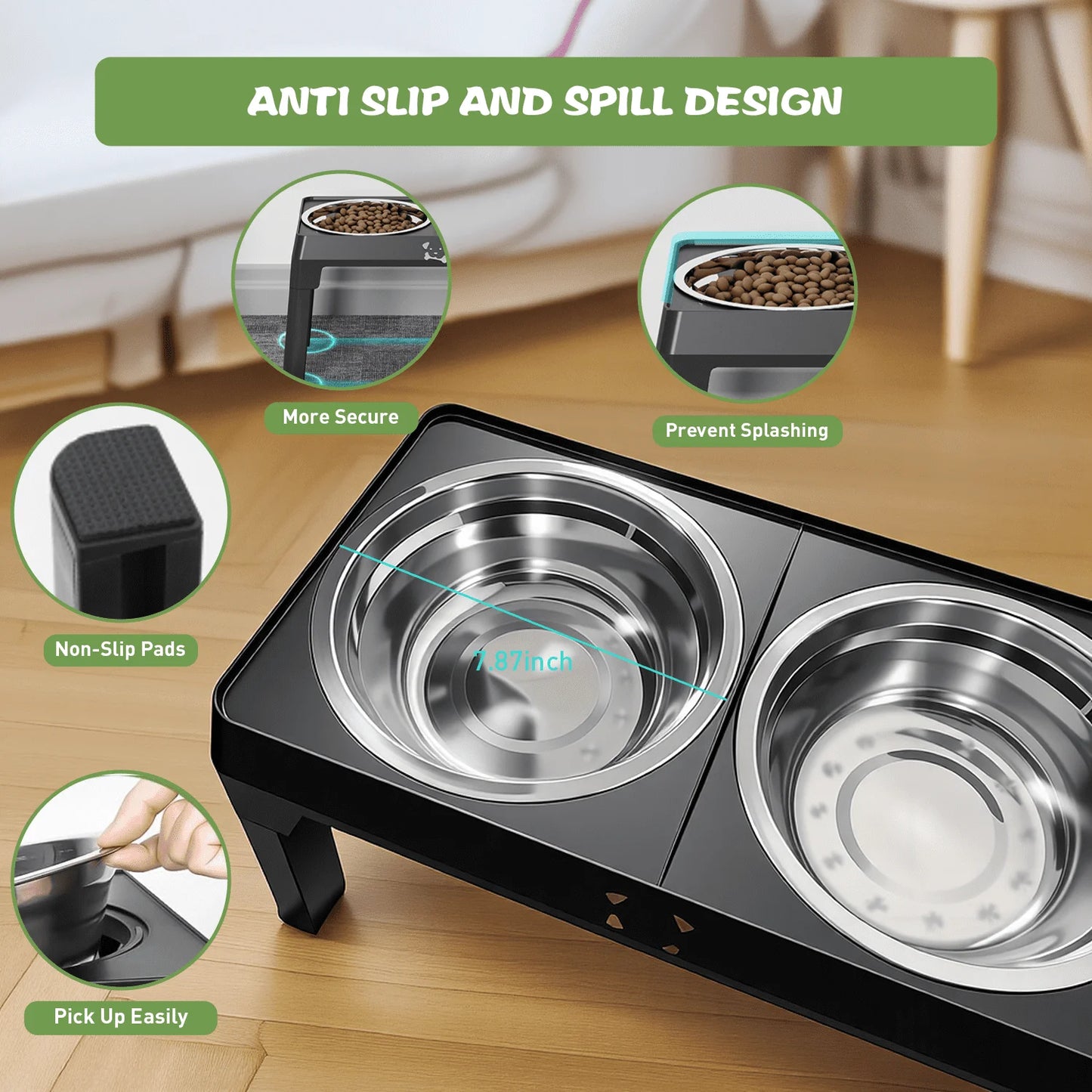 Elevated Adjustable Dog Feeding Station with Stainless Steel Bowls