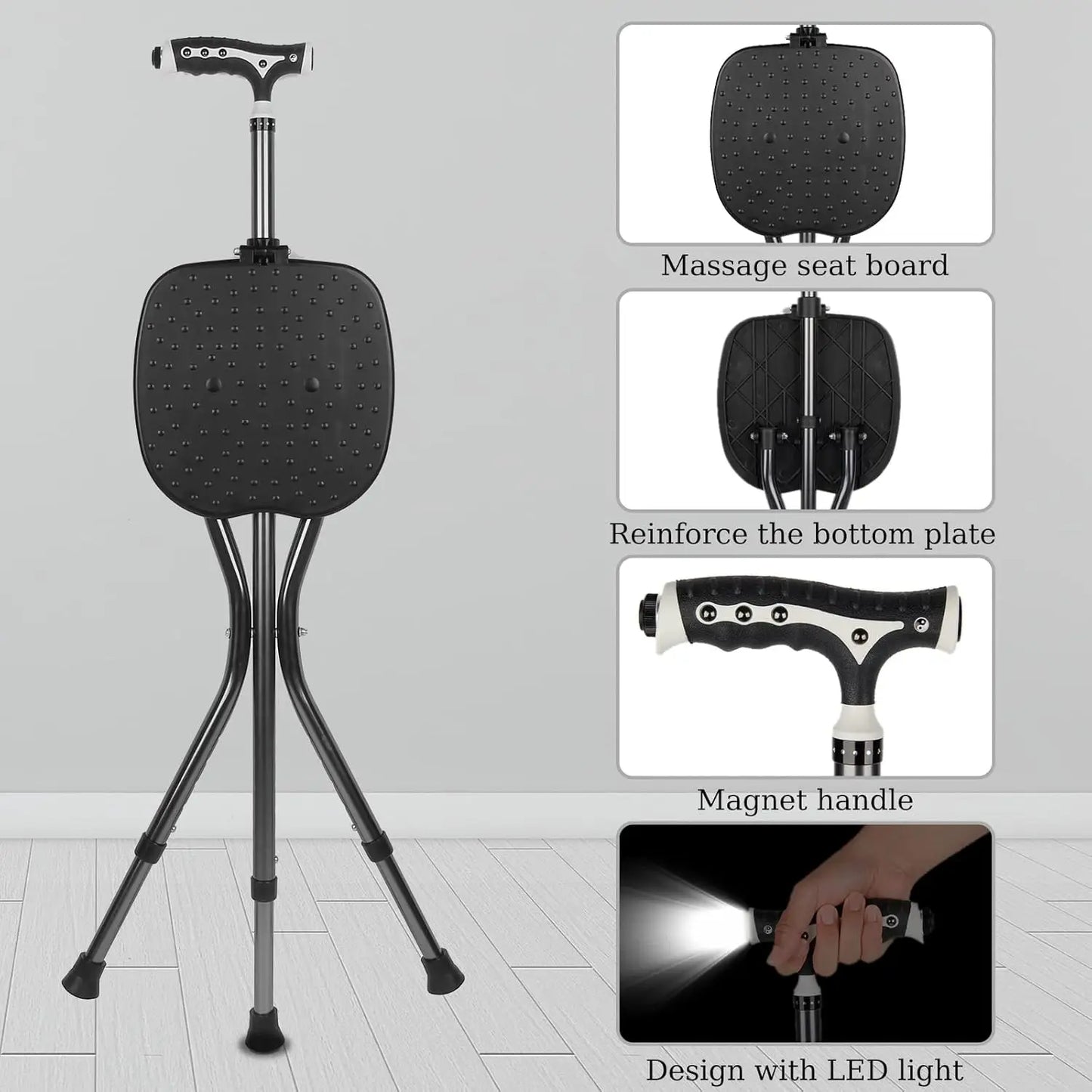 Folding Cane With Seat Adjustable Aluminum Walking Stick