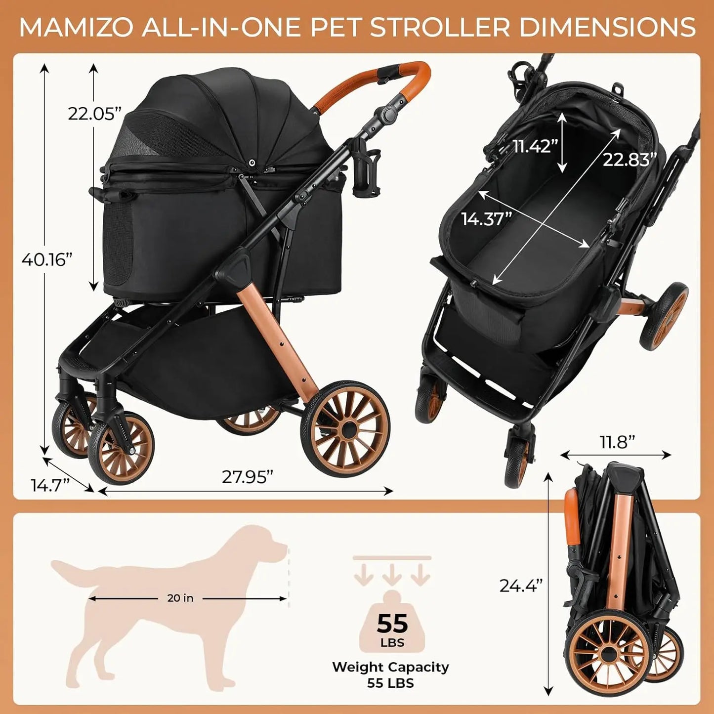 Foldable All Terrain Pet Stroller With Adjustable Handle Sun Shade