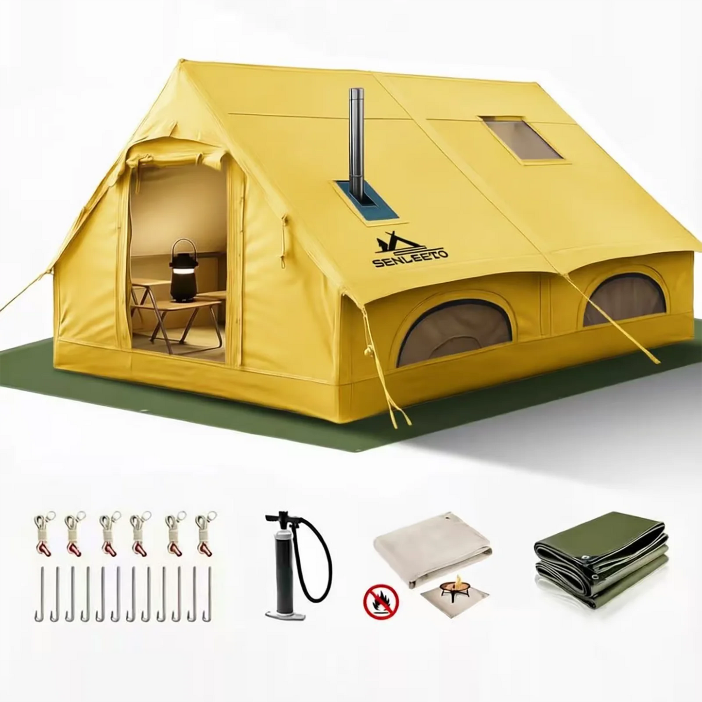 129 Square Feet Inflatable Tent for Camping 6-8 Person,Waterproof Oxford Inflatable Tent House with Hand Pump for All Season