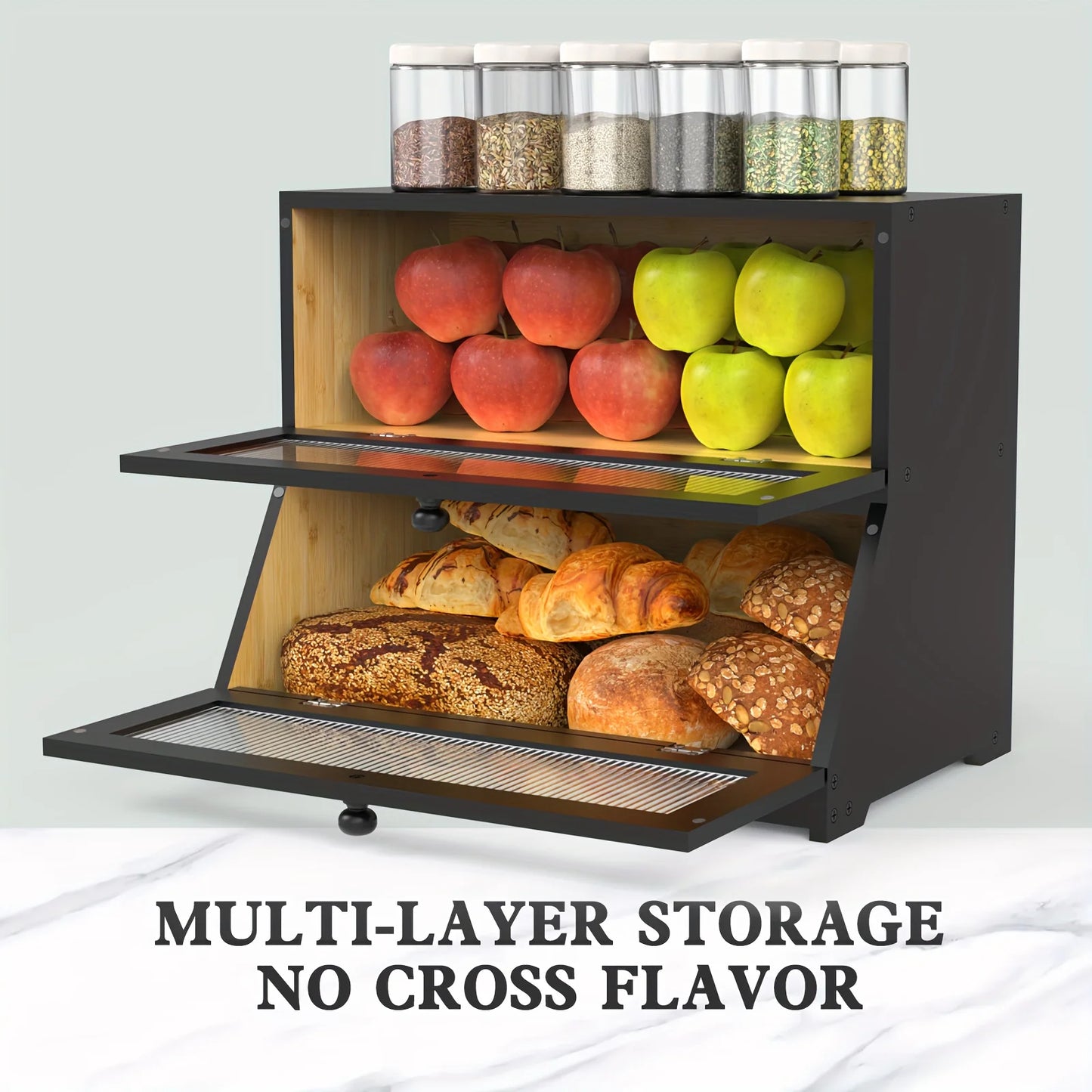 Bamboo Bread Box With Window Lid Double Layer Kitchen Storage