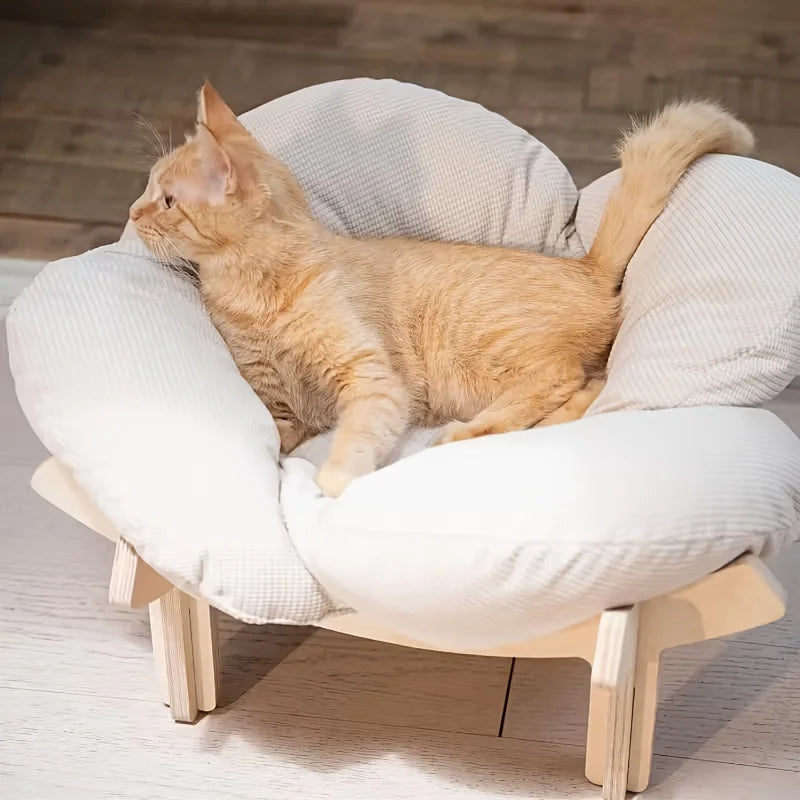 Raised Wooden Cat Bed With Soft Cushion Indoor Lounging Sofa