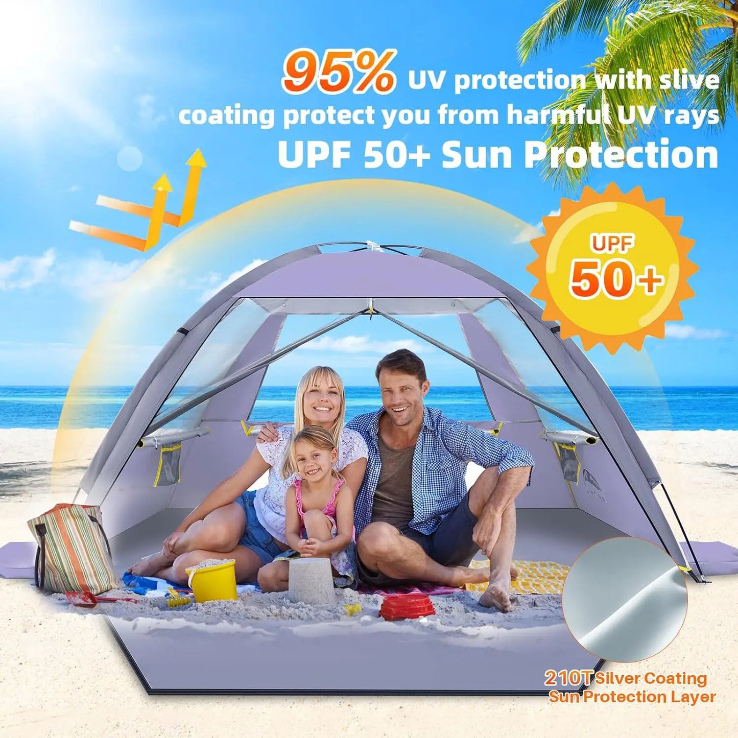 Portable Beach Tent UPF 50+ Sun Shade Shelter For Family