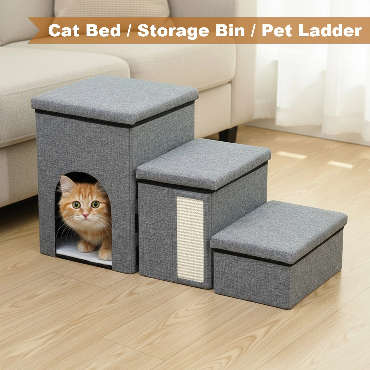 3 Levels Step Foldable Pet Stairs Multi-Purpose Multifunctional Cat Bed Wear Resist Removable Storage Organizer for All Seasons