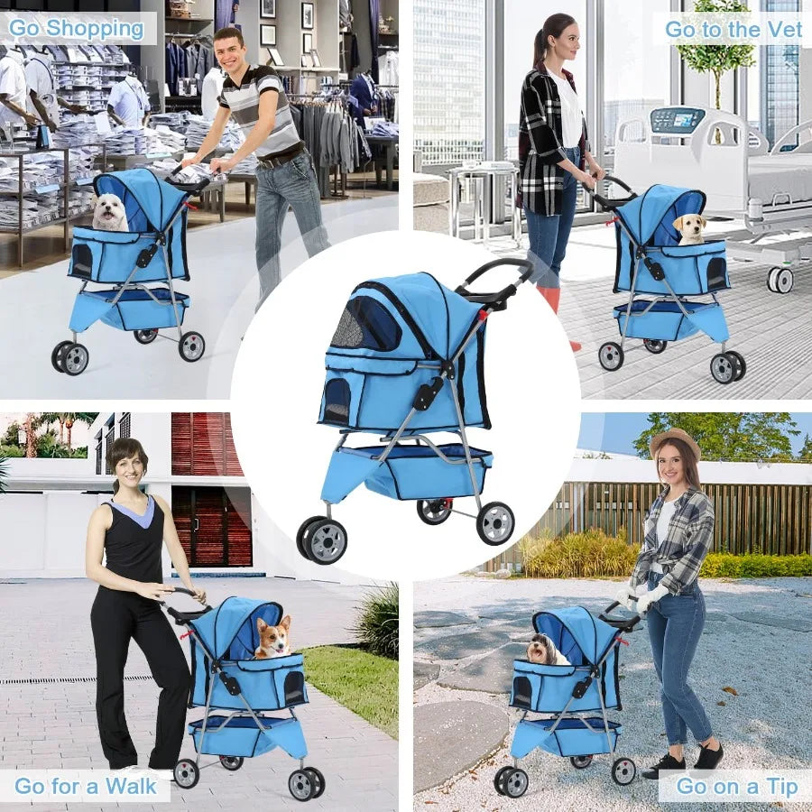 Foldable 3-Wheel Dog Stroller With Cup Holder And Storage