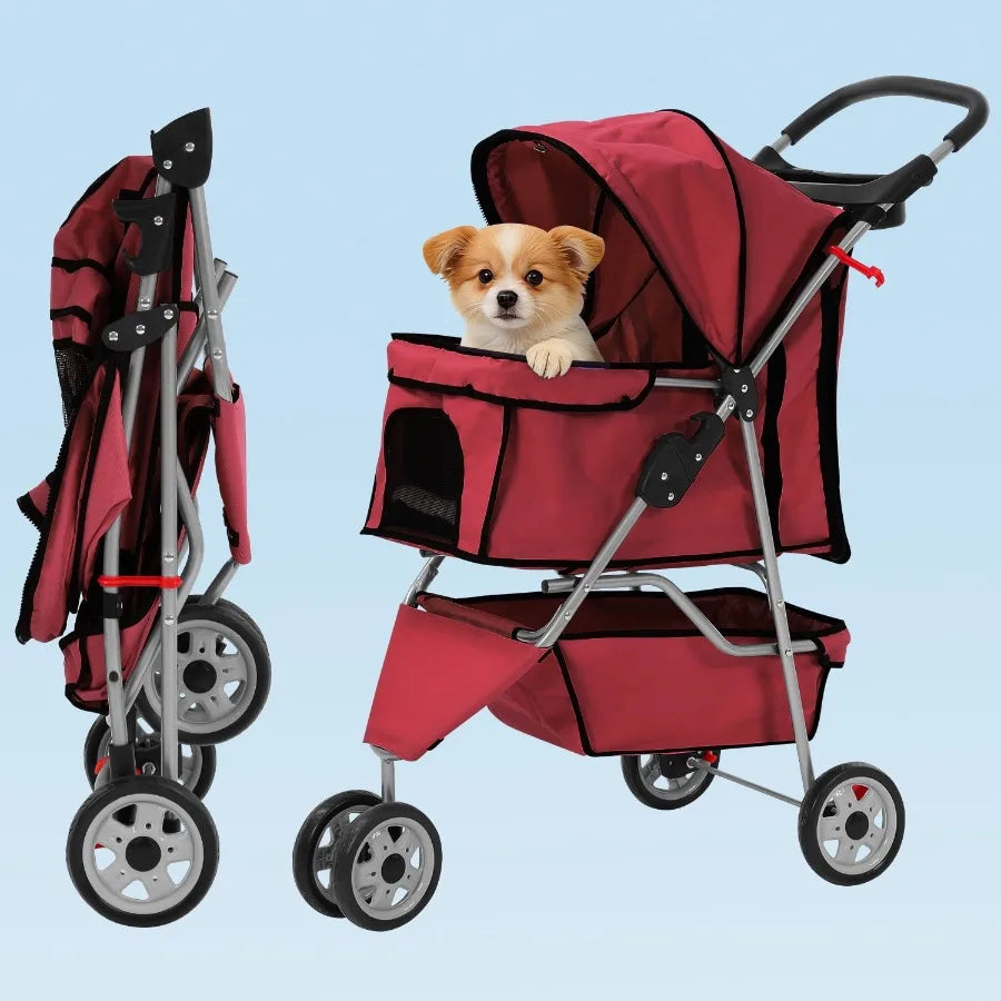 Foldable 3-Wheel Dog Stroller With Cup Holder And Storage