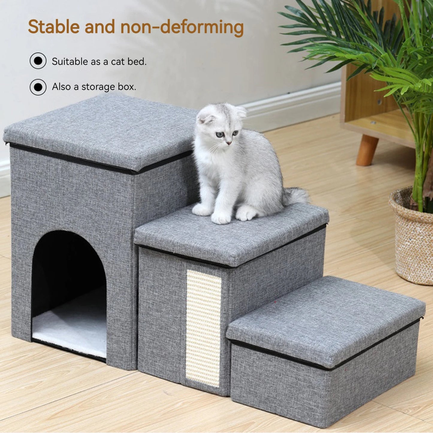 3 Levels Step Foldable Pet Stairs Multi-Purpose Multifunctional Cat Bed Wear Resist Removable Storage Organizer for All Seasons