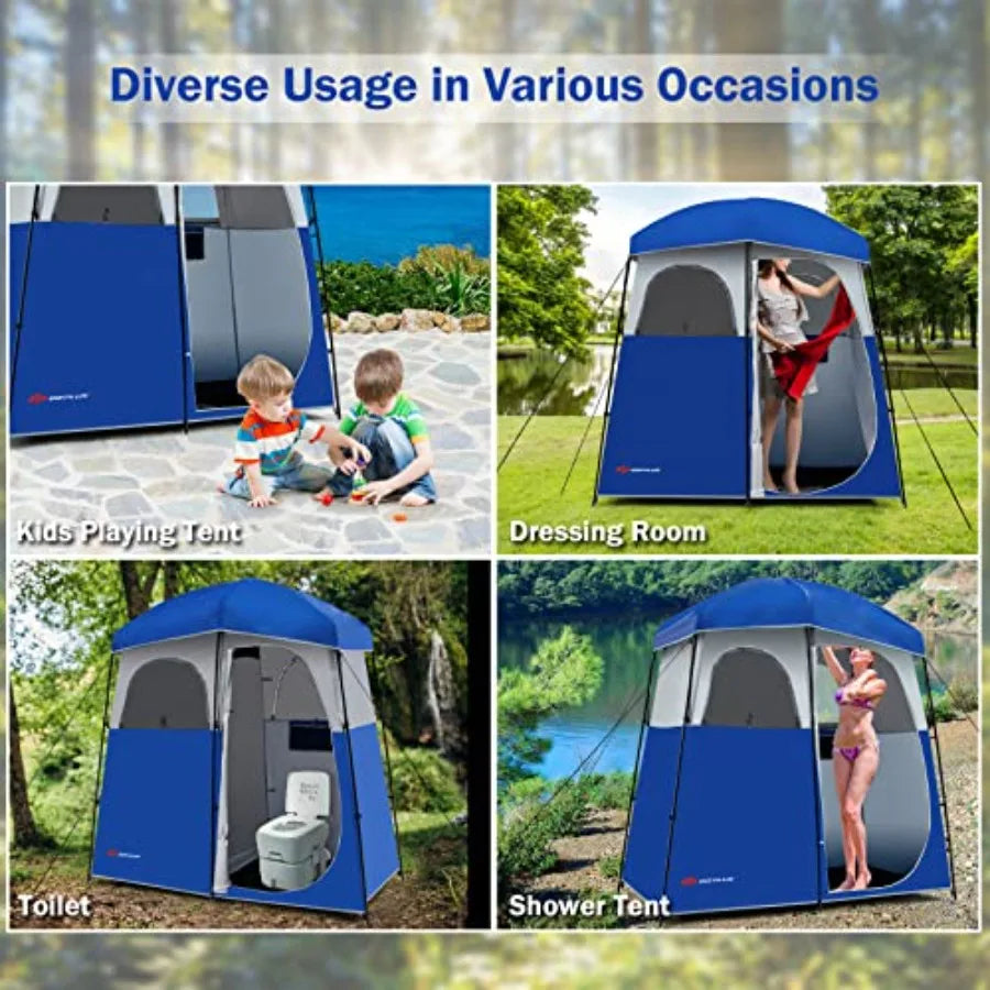 2 Room Shower Tent Portable Camping Changing with Floor Drain Detachable Rain Fly Stakes and Ropes UV Protection Water Resistan
