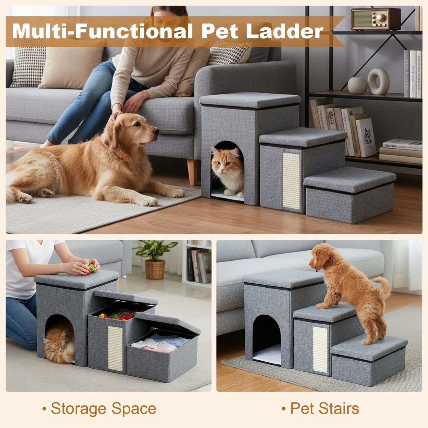 3 Levels Step Foldable Pet Stairs Multi-Purpose Multifunctional Cat Bed Wear Resist Removable Storage Organizer for All Seasons