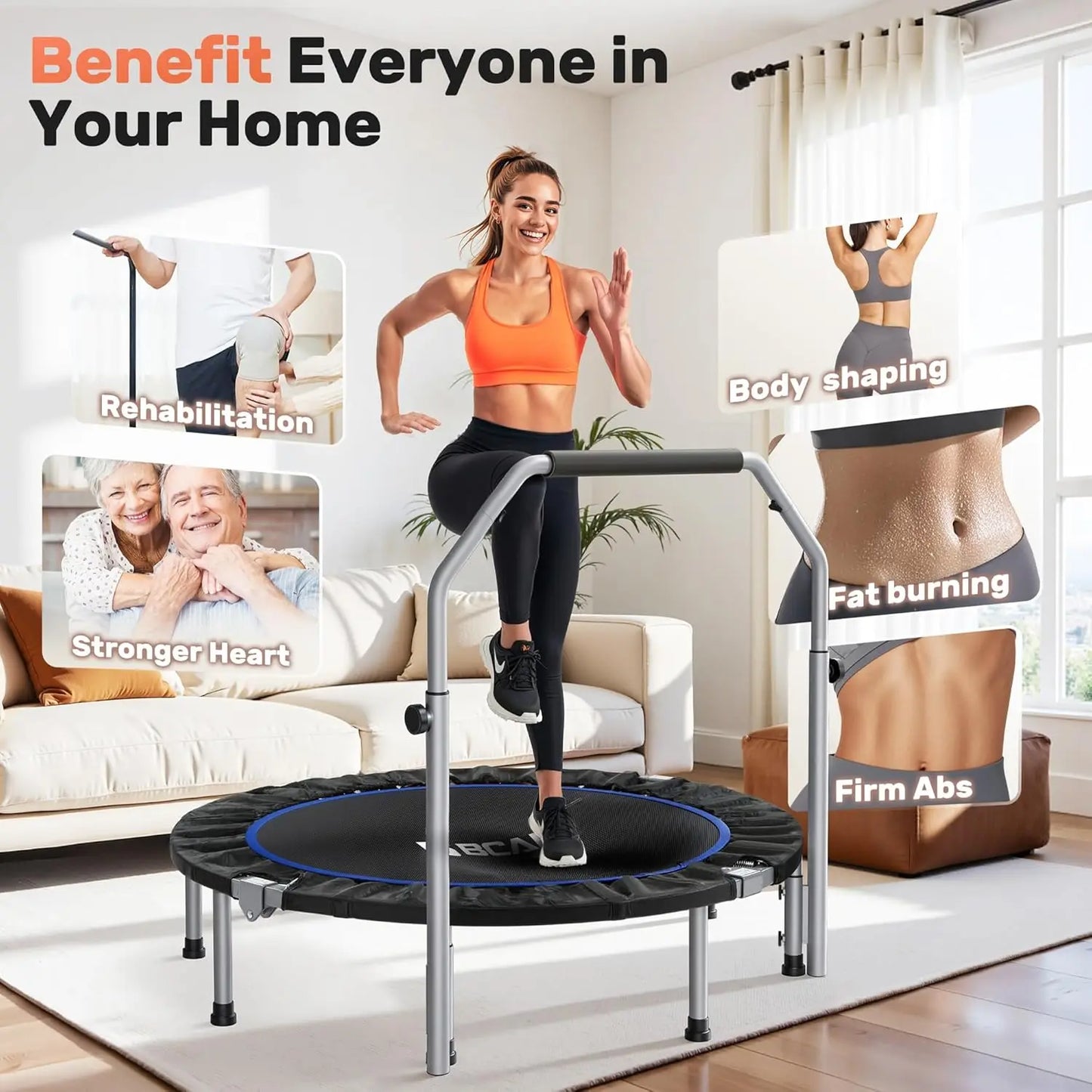 Foldable Mini Trampoline With Adjustable Foam Handle Rebounder For Adults