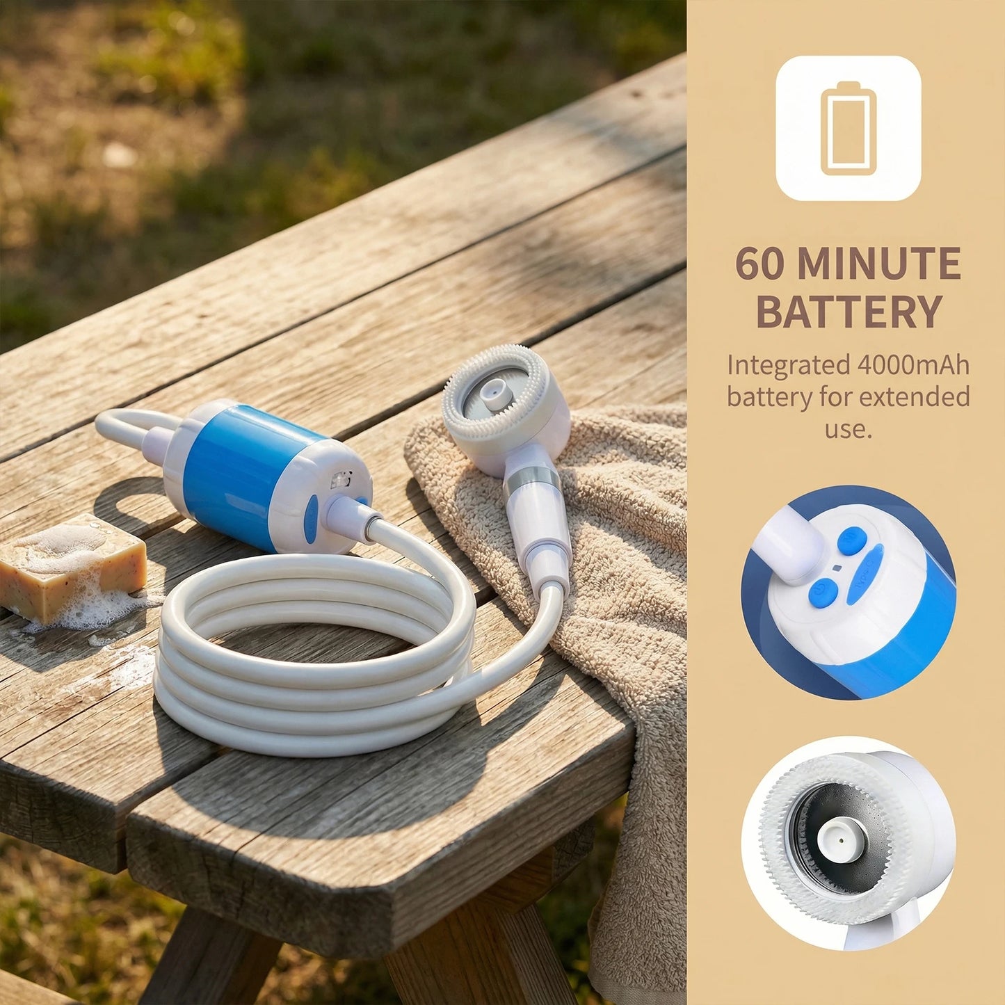 Portable Camping Shower Pump with Rechargeable Battery Outdoor Shower Kit for Hiking Travel Car Washing & Pet Cleaning