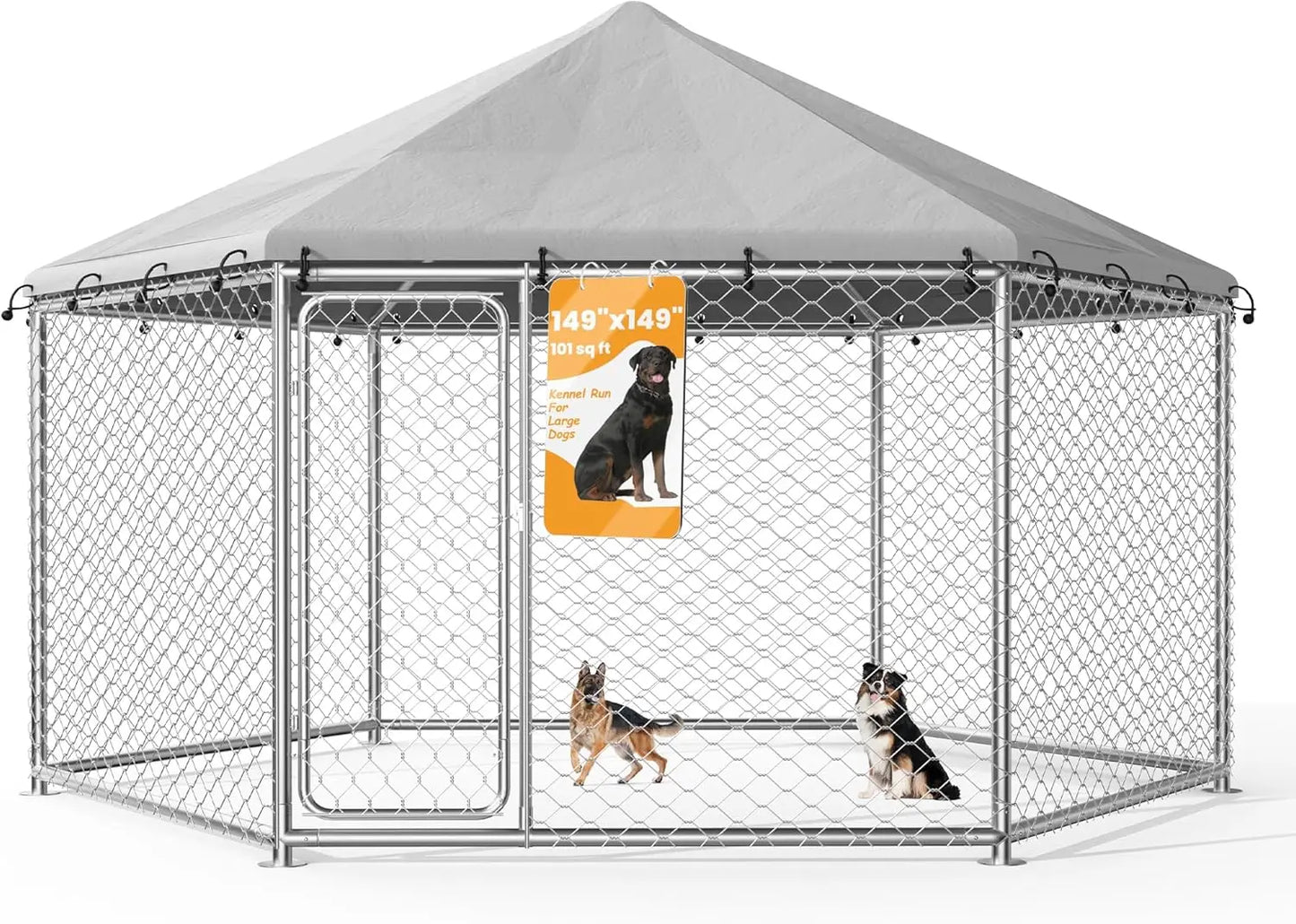 12.5'x12.5' Outdoor Dog Kennel with Roof, Heavy Duty Dog Enclosure for Run Exercise Yard, Galvanized