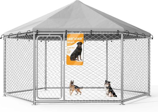 12.5'x12.5' Outdoor Dog Kennel with Roof, Heavy Duty Dog Enclosure for Run Exercise Yard, Galvanized