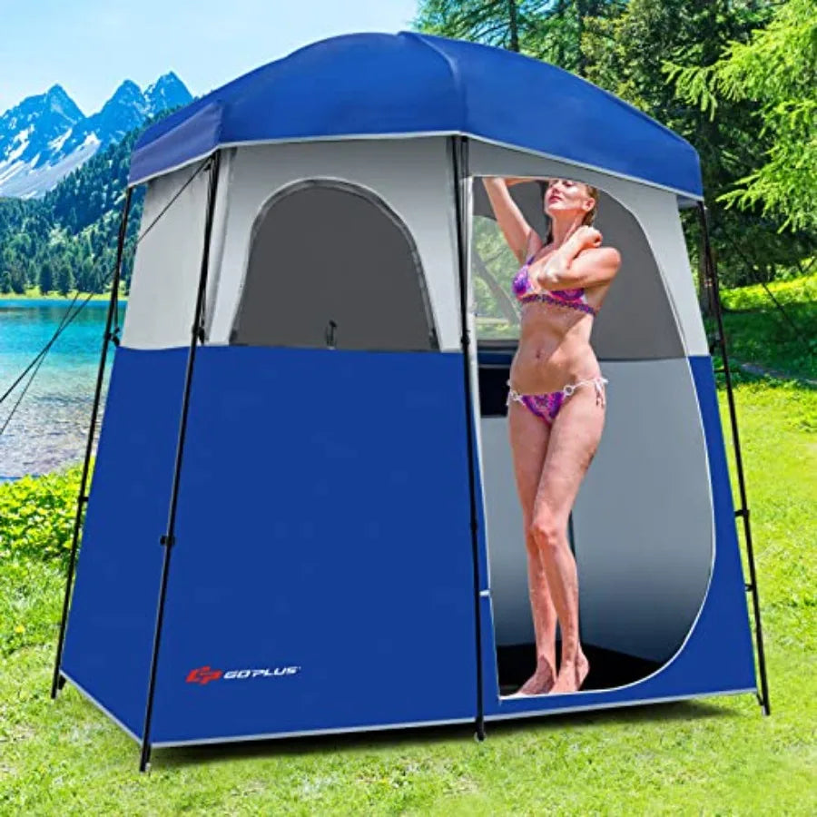 2 Room Shower Tent Portable Camping Changing with Floor Drain Detachable Rain Fly Stakes and Ropes UV Protection Water Resistan