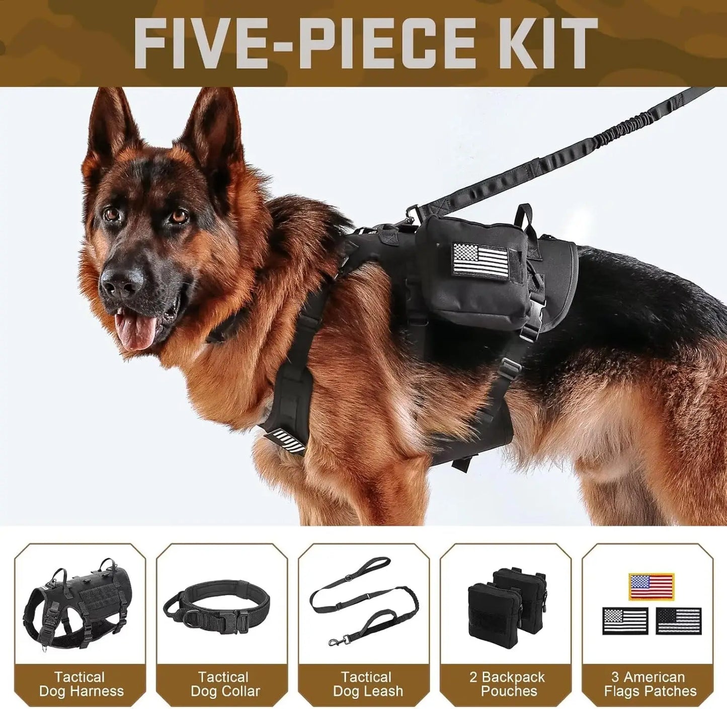 Military Tactical Dog Harness with Bungee Leash, Adjustable No-Pull Chest 19.5-41.5in for Medium Large Dogs Walking Training