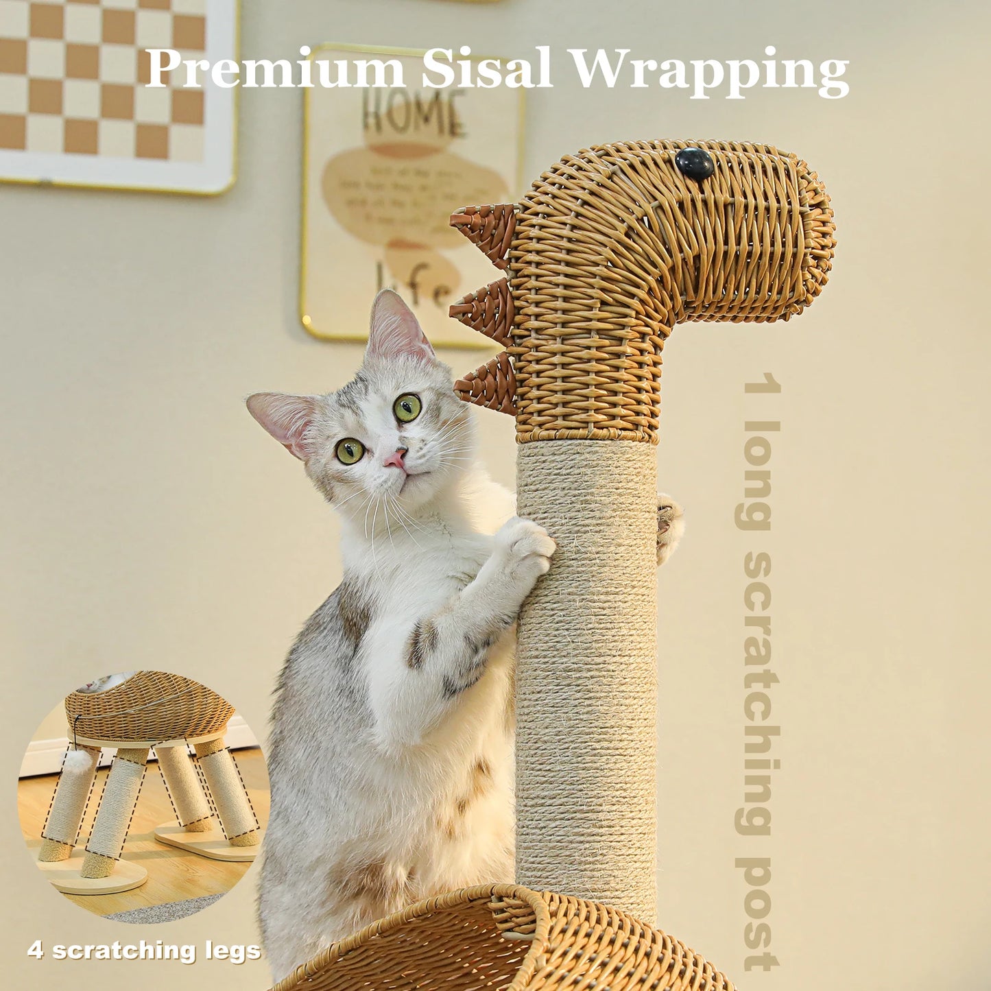 PAWZ Road Dinosaur Cat Tree Tower With Rattan Condo And Sisal Post